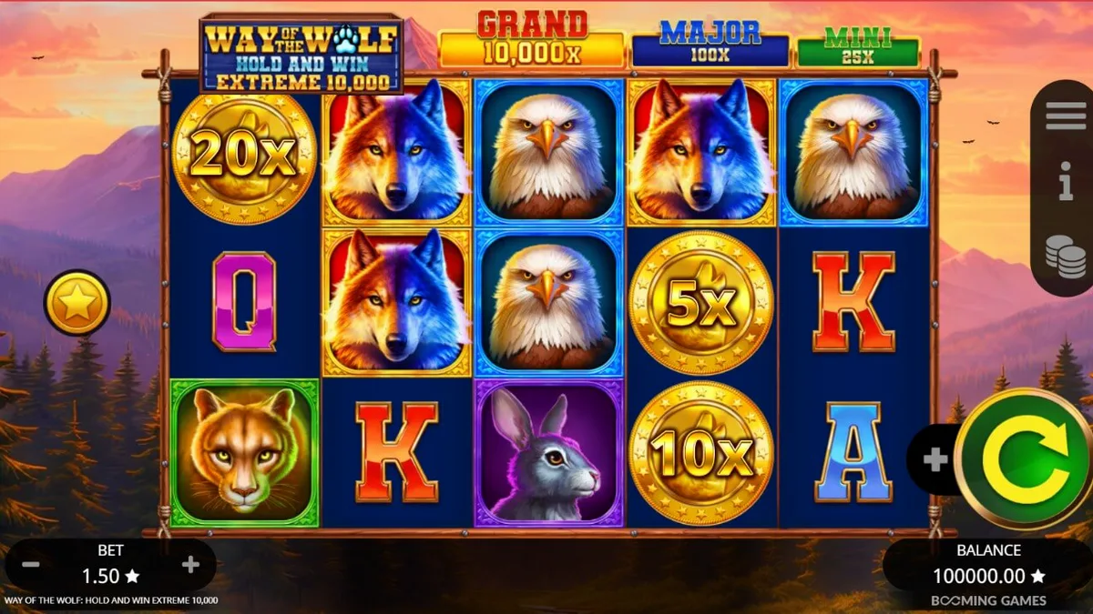 Cenário noturno e selvagem do slot Way of the Wolf Hold and Win Extreme 10,000