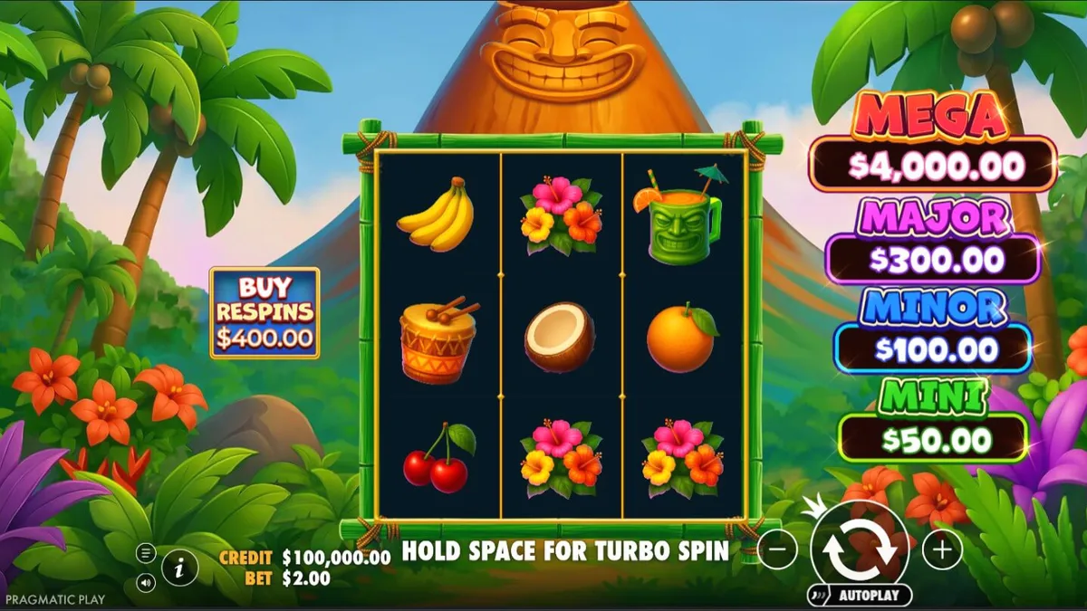 Interface vibrante do slot Super Tiki Strike com tema de ilha tropical