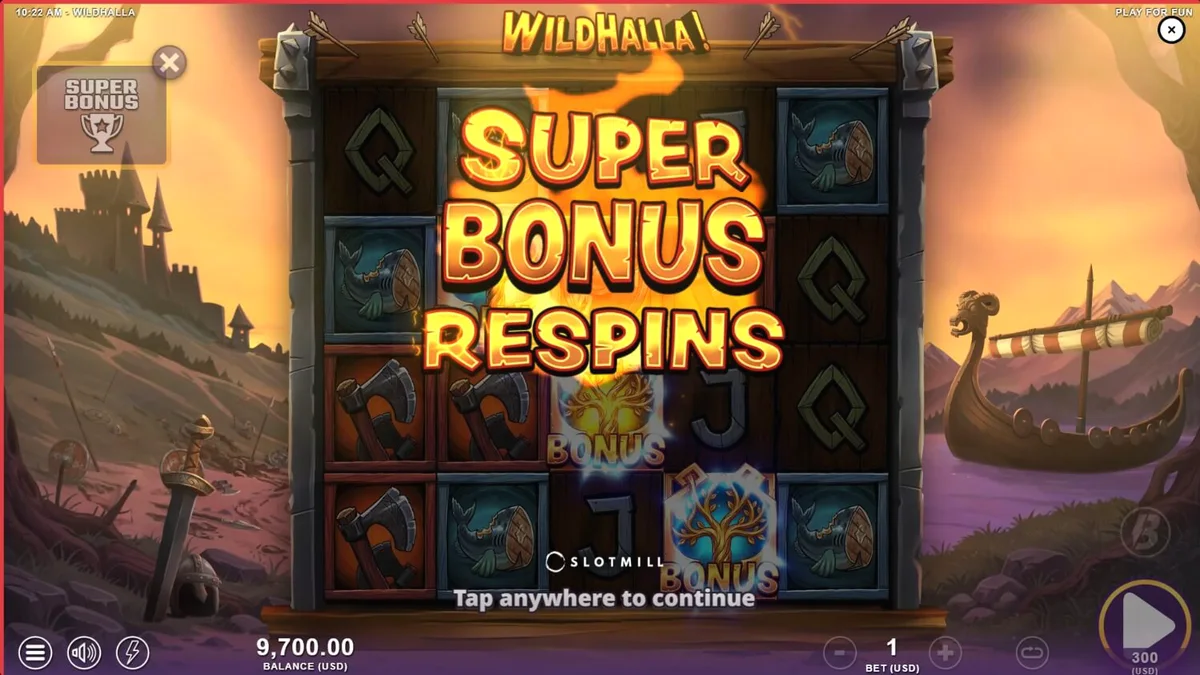 Interface do jogo Wildhalla em um dispositivo móvel exibindo símbolos vikings.