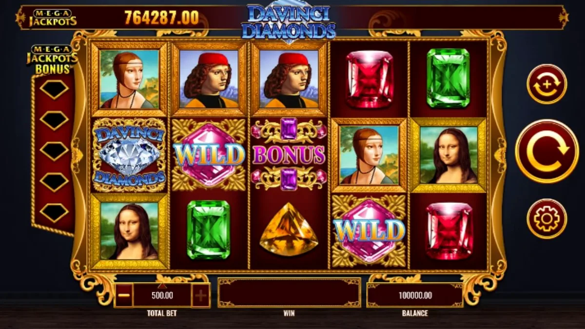 Interface de jogo do slot Mega Jackpot DaVinci Diamonds com elementos renascentistas e diamantes